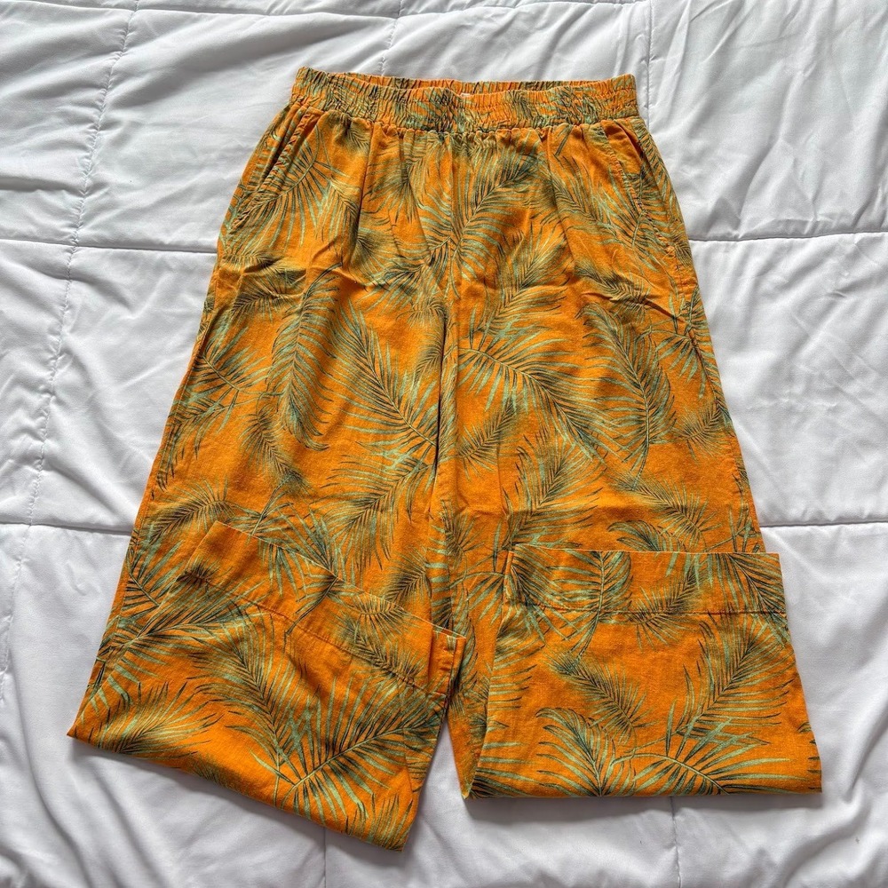 Panama Jack Orange Tropical Palm Print Linen Blend Wide Leg Palazzo Pants Large